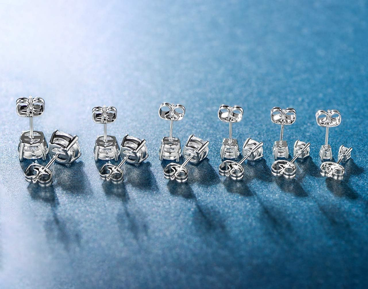 18K White Gold Plated 4 Pong round Clear Cubic Zirconia Stud Earring Pack of 6 P