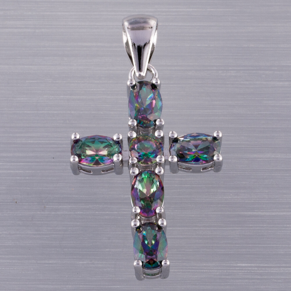 Latin Cross 4×6 Oval Rainbow Mystic Topaz Silver Jewelry Necklace Pendant