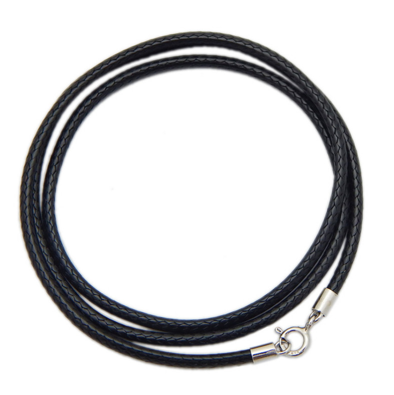 2mm Black Leather Cord Necklace Sterling Silver Spring Ring Clasp 16-32″ Chain