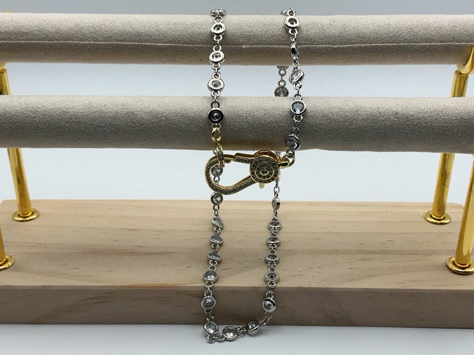 Freida Rothman Crystal Station Necklace Two Tone Pavé Carabiner Clasp 18”