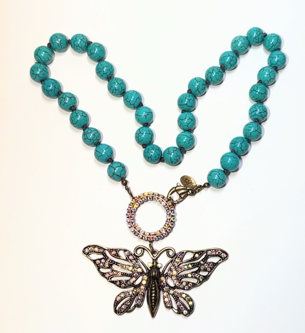 Kirks Folly Wings Of Love Necklace Turq. Colored Beads AB Rhinestones Butterfly
