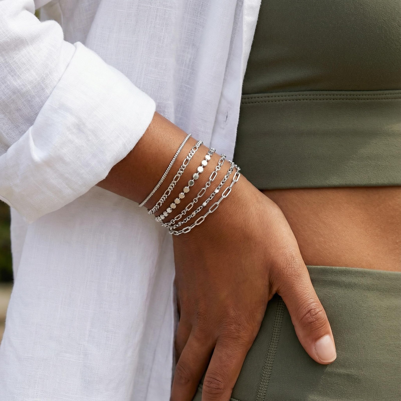 Silver Bracelet Set – Dainty Silver Bracelets for Women, 5 Packs, Waterproof Wom