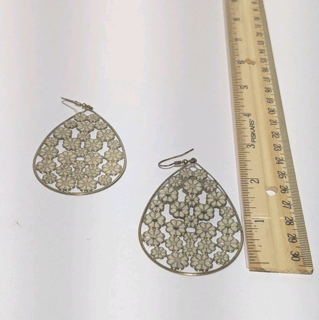 Gold Tone Flower Filigree With White Enamel Inlay Hook Dangle Earrings 2.75″
