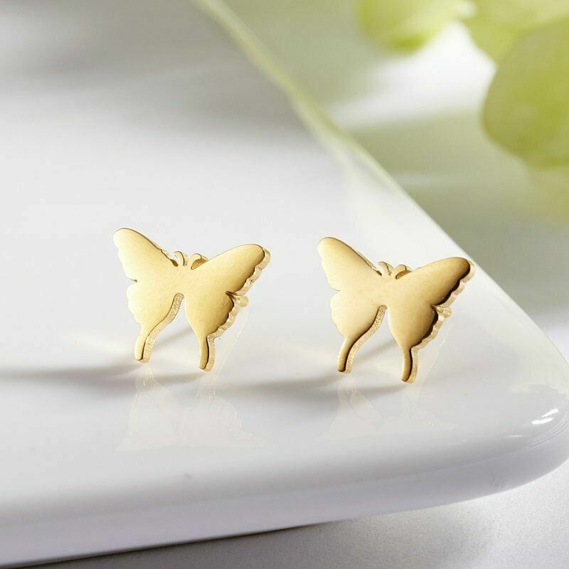 Cute New Petite Yellow Gold Plated Stainless Steel Butterfly Stud Post Earrings