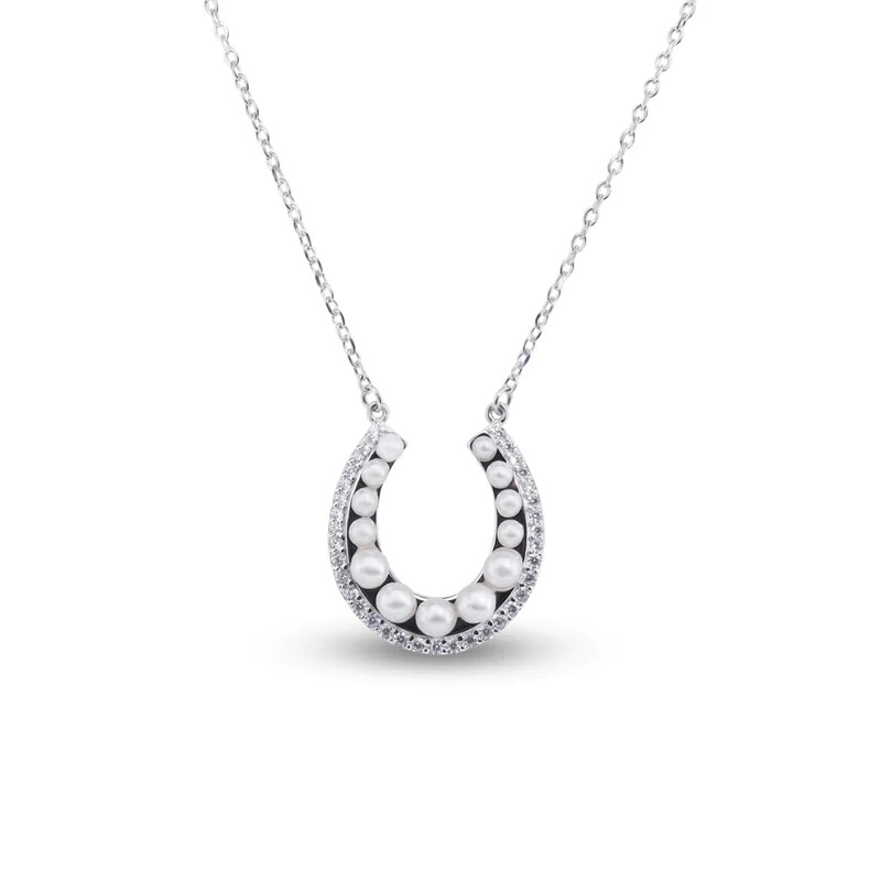 Solid 925 Sterling Silver Horseshoe Pearl Necklace Pendant Simulated Diamonds