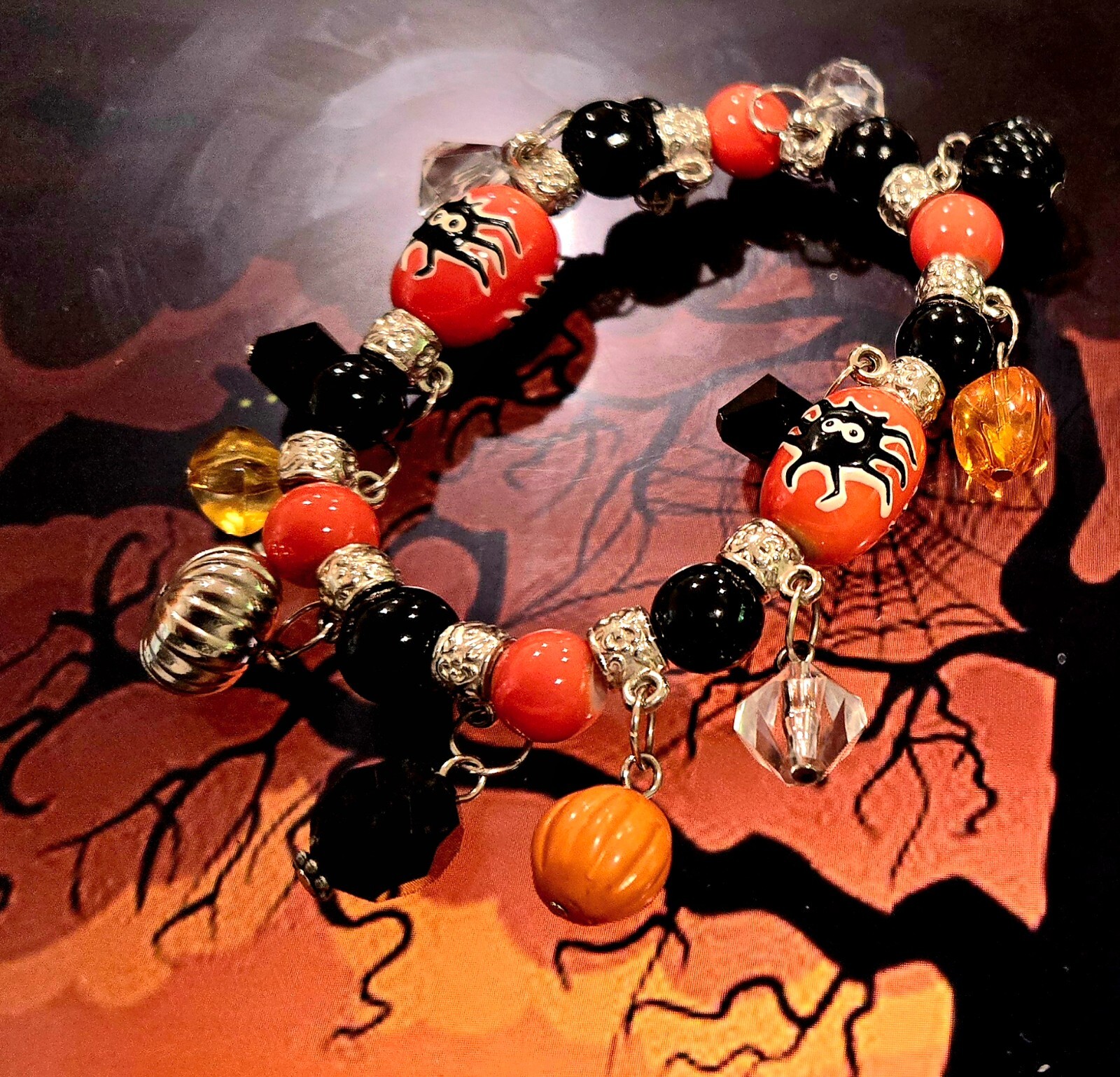 Halloween Bracelet Glass Beaded Stretch Bracelet Ghost Spooky Cat Bat Spooky 5