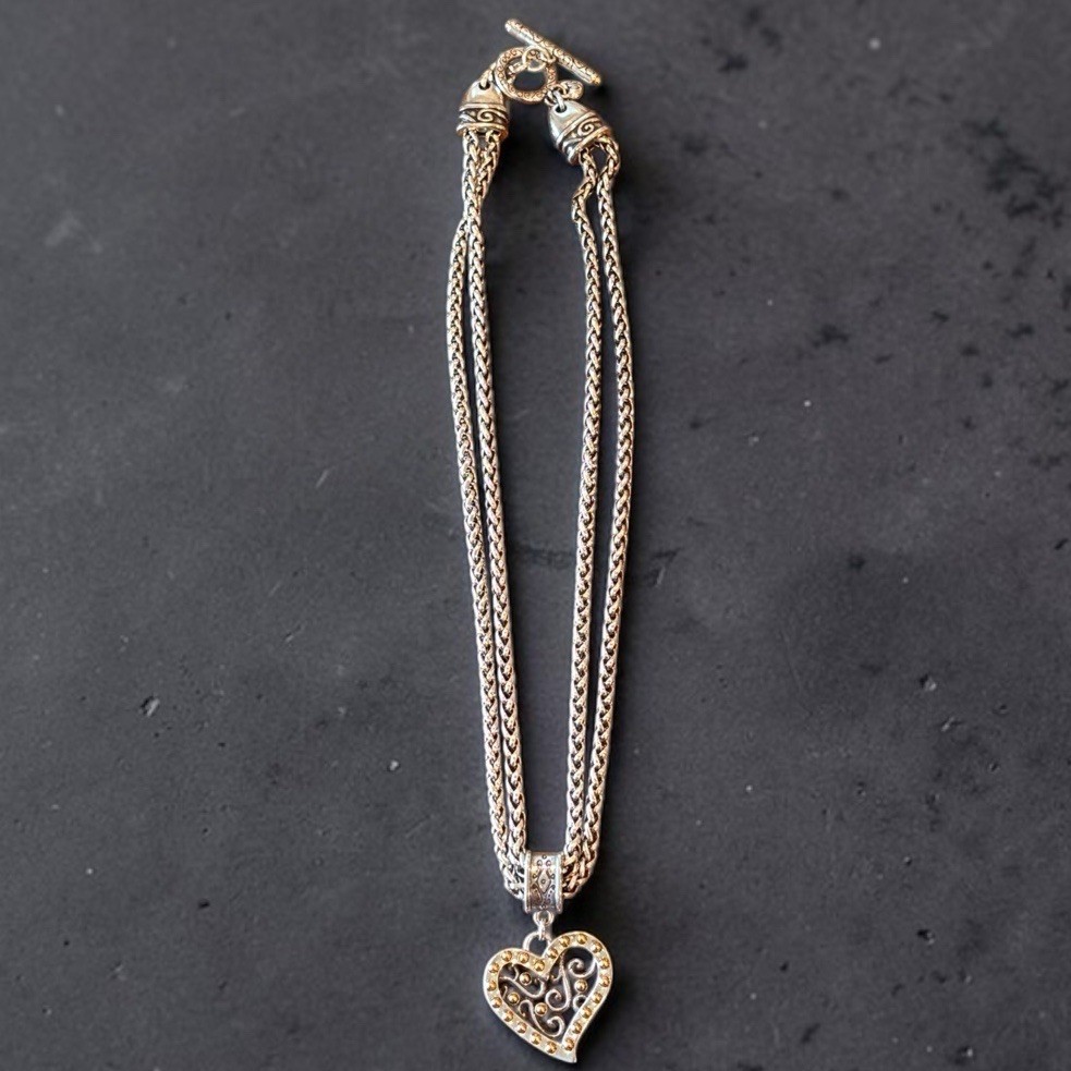 Brighton GATE OF LOVE Silver Tone Heart Filigree Pendant Double Strand Necklace