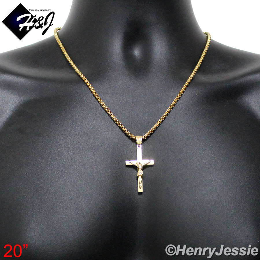 18-36″Stainless Steel 3mm Gold Plated Box Link Chain JESUS Cross Pendant*GP62