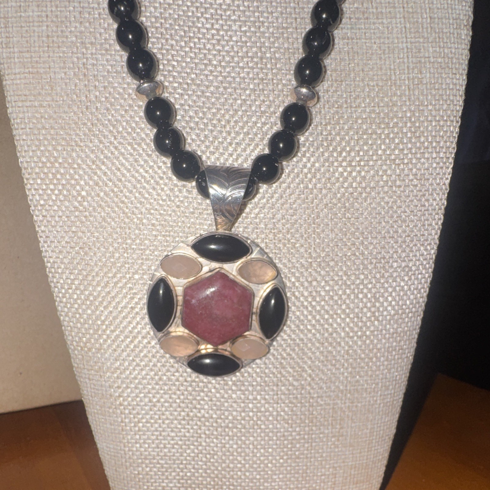 Jay King Mine Finds Black Onyx beaded & Rhodonite Pendant Necklace & Earrings