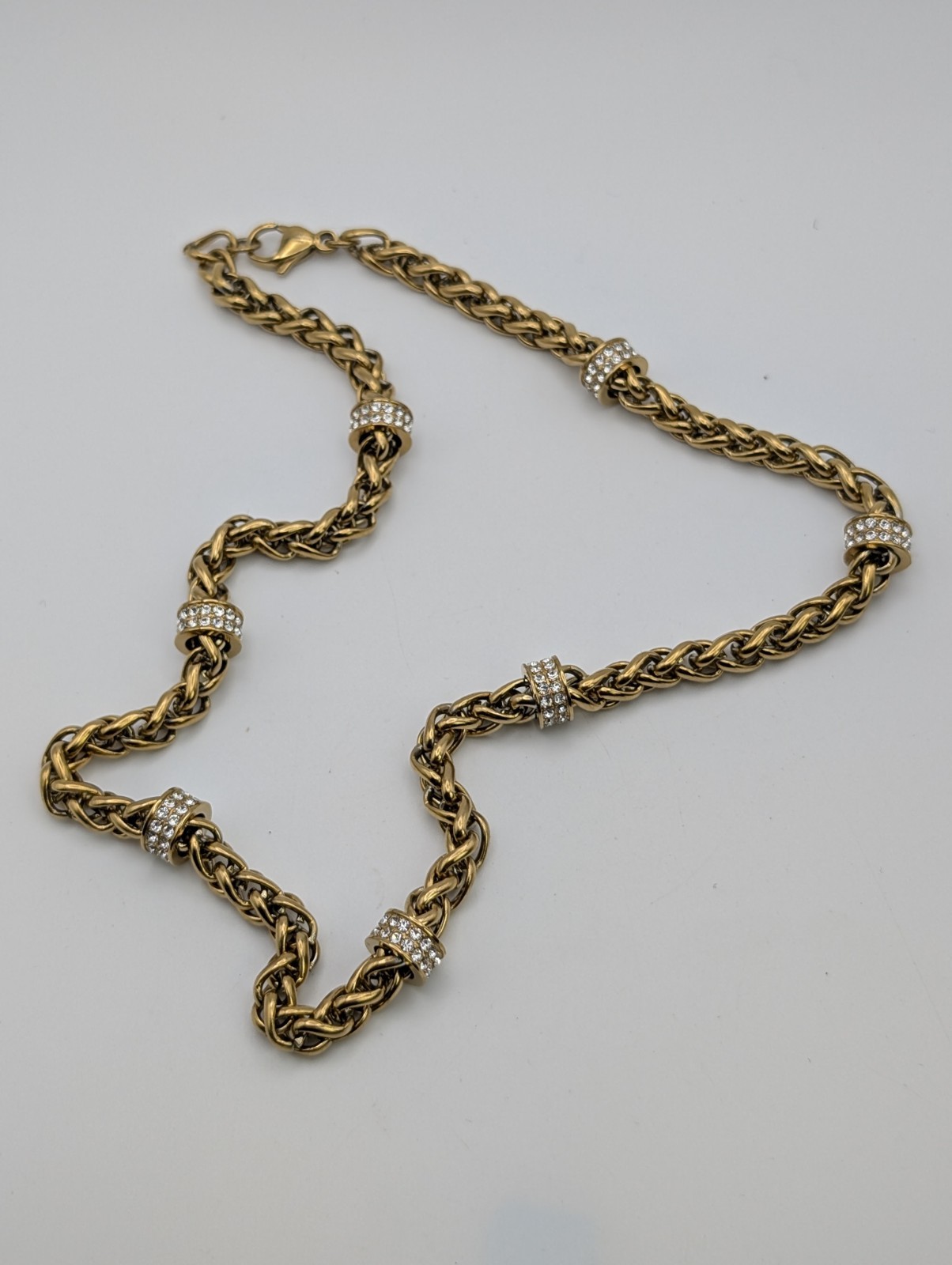 JCM Stainless Steel Gold Tone Wheat Chain Necklace Crystal Accents 18″
