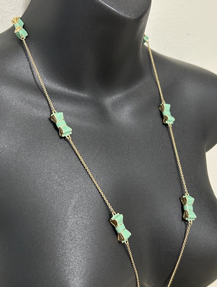 Kate Spade Mint Green Take A Bow Long Scatter Bow Ribbon Necklace EUC Cute!