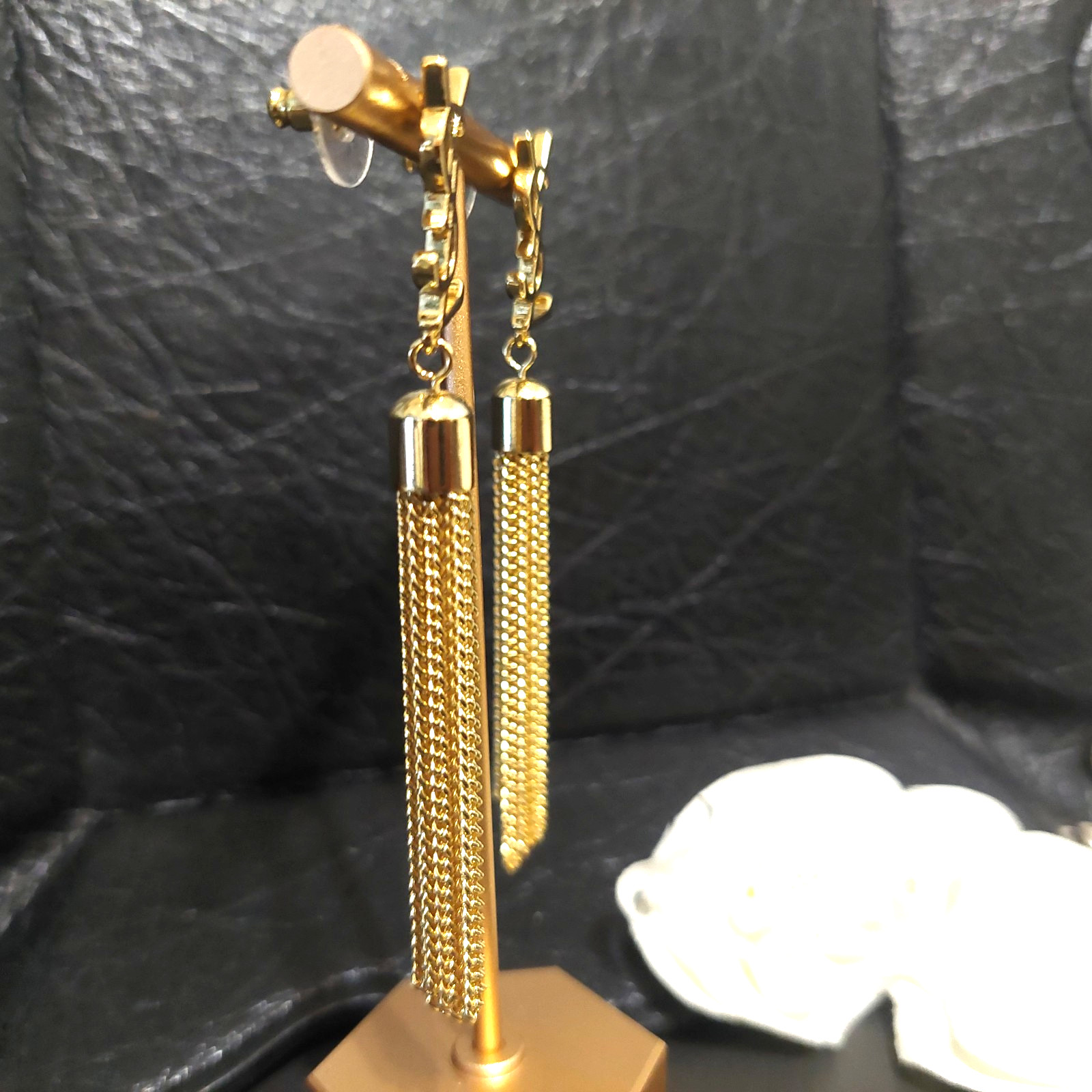 Auth. YVES SAINT LAURENT YSL Stud LOGO Chain Tassle Dangle EARRINGS Gold Tone