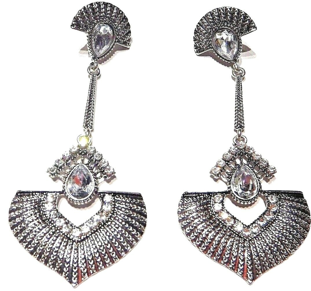 SILVER ART DECO PENDULUM EARRINGS clear crystal rhinestone Great Gatsby 1920s 6E