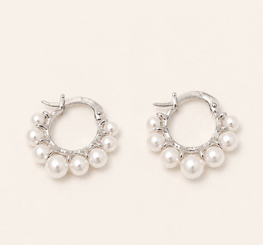 Silver Beaded Pearl Chandelier Earrings Pearl Cluster Hoop Huggie Earrings EA128