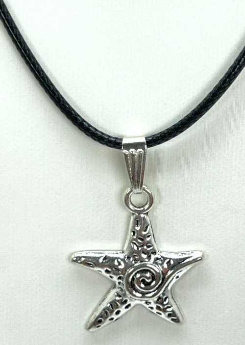 Necklace Silver Tone Starfish Hanging on a Black Cord 18″ + 2″