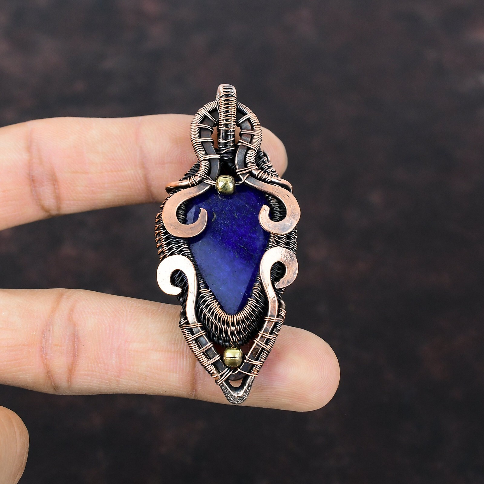 Gift For Women Jewelry Wire Wrapped Pendant Copper Blue Saphire Gemstone 2.64″