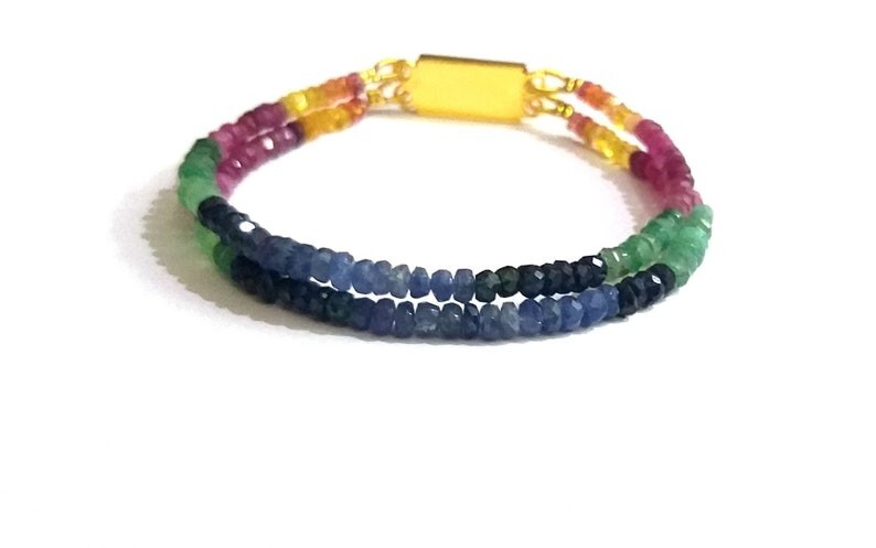 Dainty 2 Strand Multi Sapphire Faceted Rondelle Gemstone Beaded Bracelets 6-8”