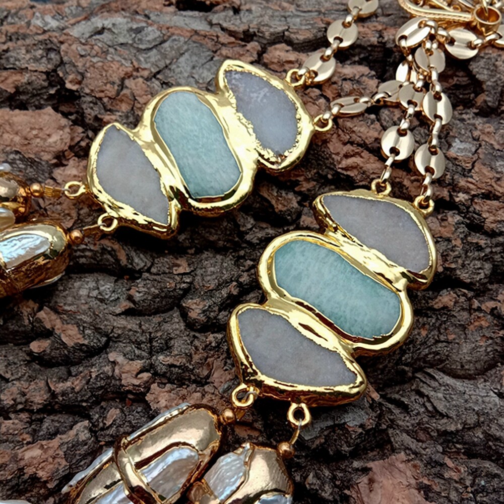 2 Rows Cultured Freshwater Biwa Pearl Amazonite Druzy Murano Glass Necklace 21″