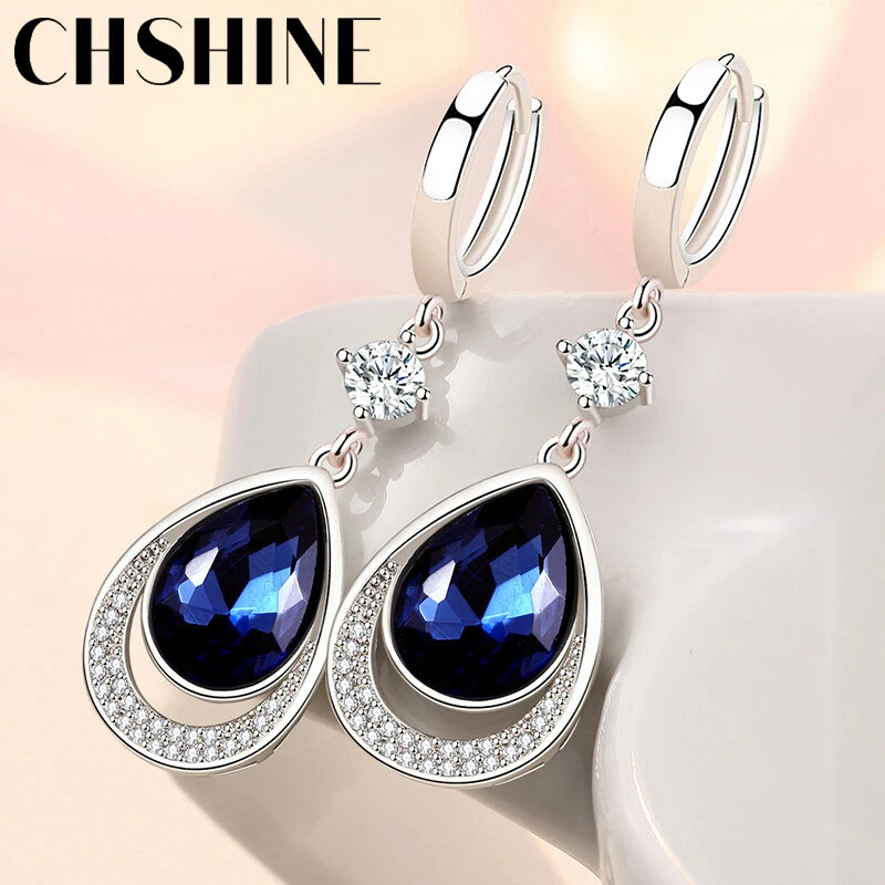 CHSHINE 925 Sterling Silver Water Drop Sapphire Earrings Fashion Charm Jewelry