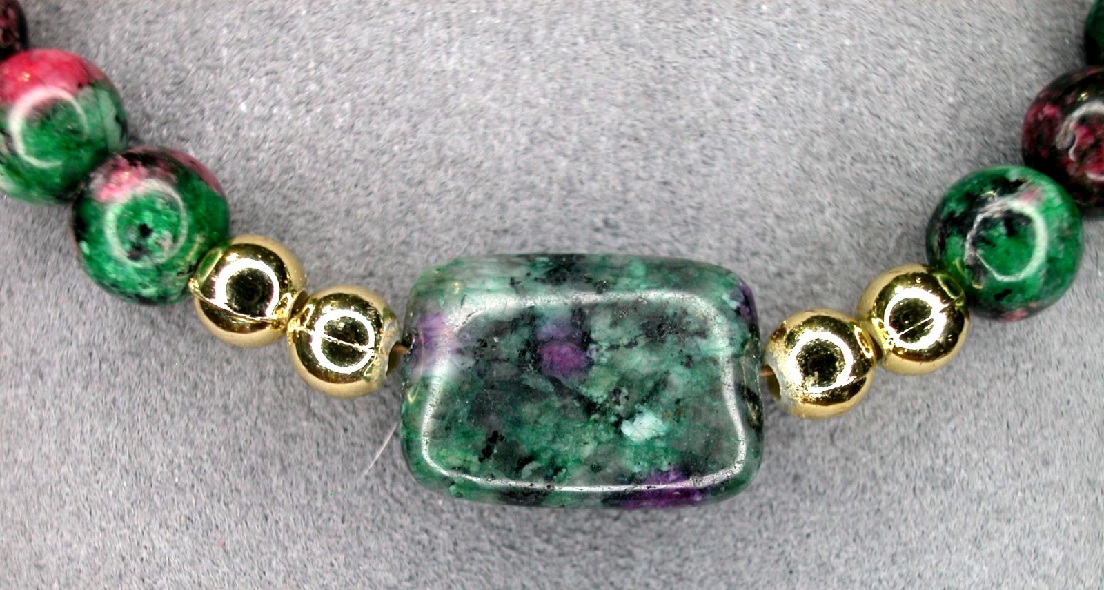 Ruby Zoisite & Gold Bead Necklace With Toggle Clasp 30 Inches Long