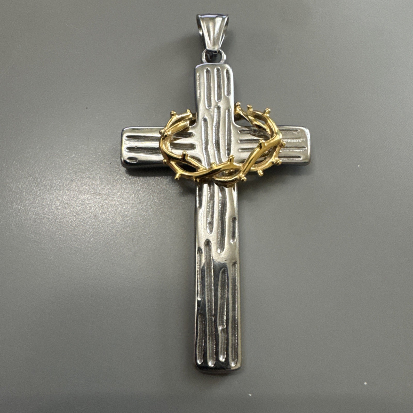 Crown Of Thorns Cross Pendant Silver Tone Stainless Steel 24” Chain Jesus Faith
