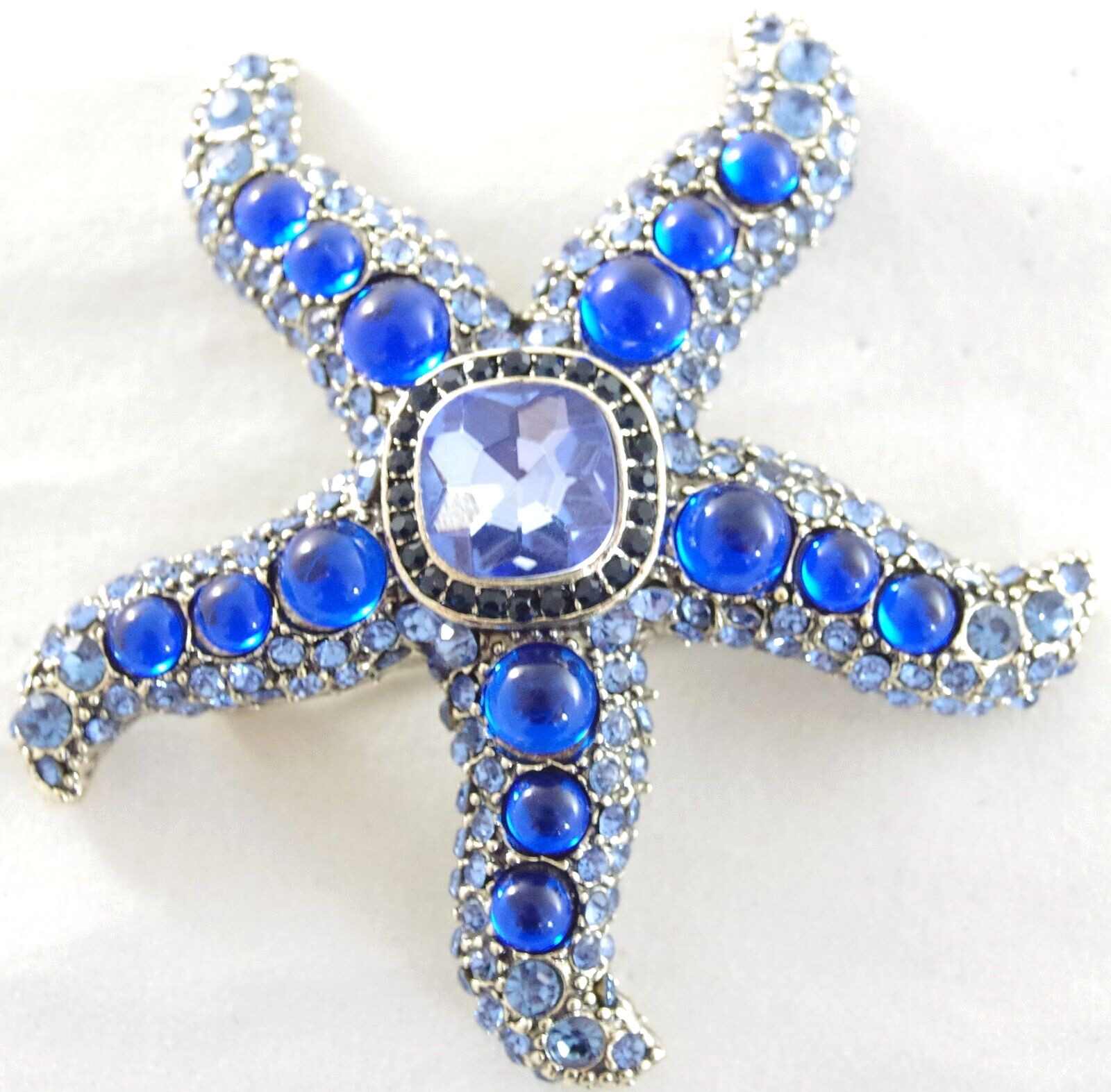 BIG UNSIGNED KENNETH JAY LANE INSPIRED BLUE RHINESTONE GLASS CAB STARFISH BROOCH