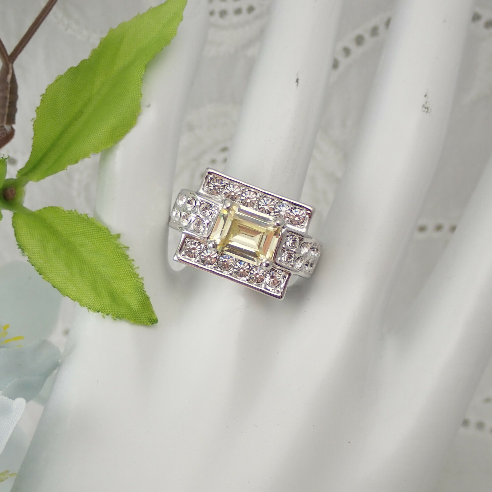 Pale Yellow CZ Clear Accent Rhodium Plated Designer Size 8 1/2 Cocktail Ring