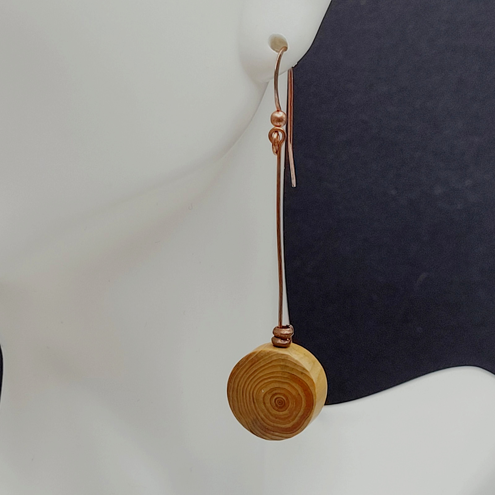 Artisan Handcrafted Round Wood Slice Drop Earrings Long Copper Wire Tree Ring
