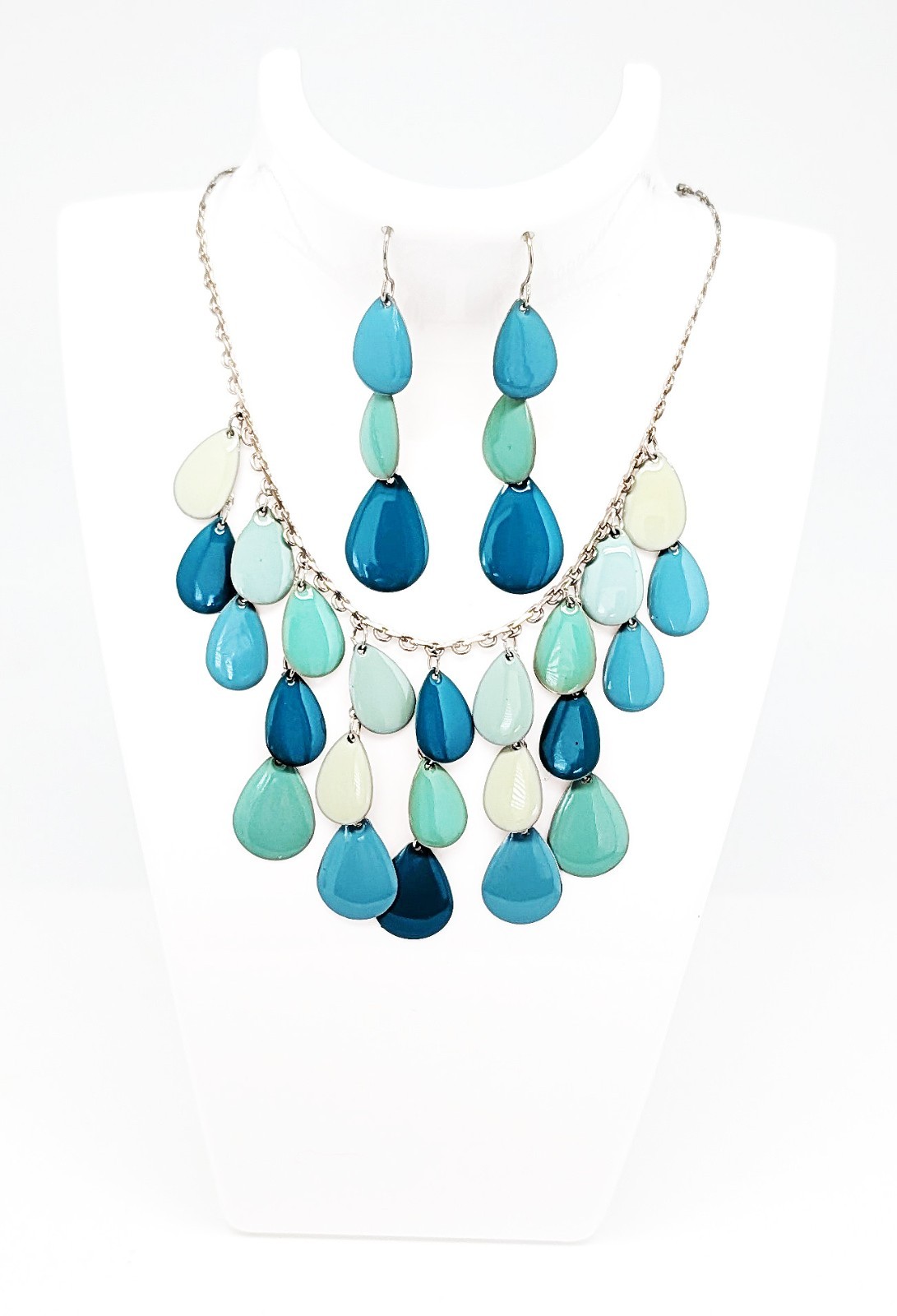 DESIGNER INSPIRED 17 in BLUE MULTI PEAR DROP DANGLE ENAMEL SILVER JEWELRY SET