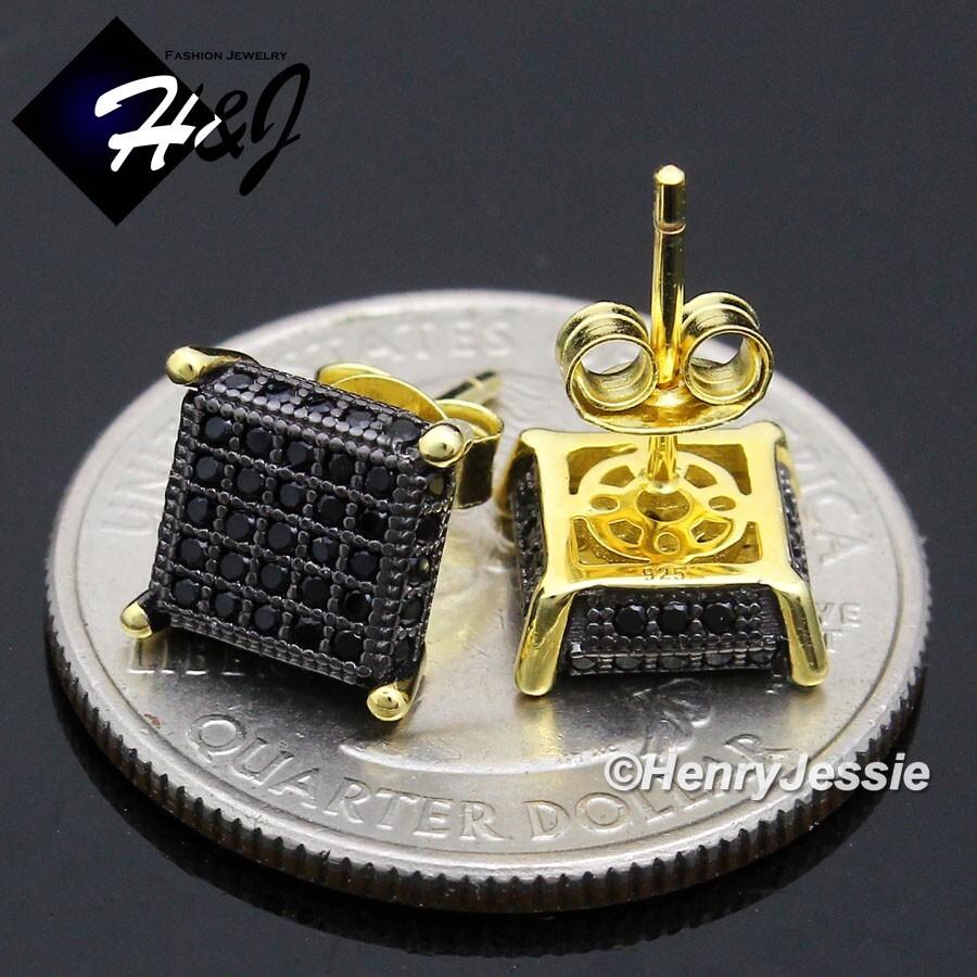 MEN 925 STERLING SILVER ICY BLING CZ BLACK/GOLD PLATED 8MM 3D STUD EARRING*BG237