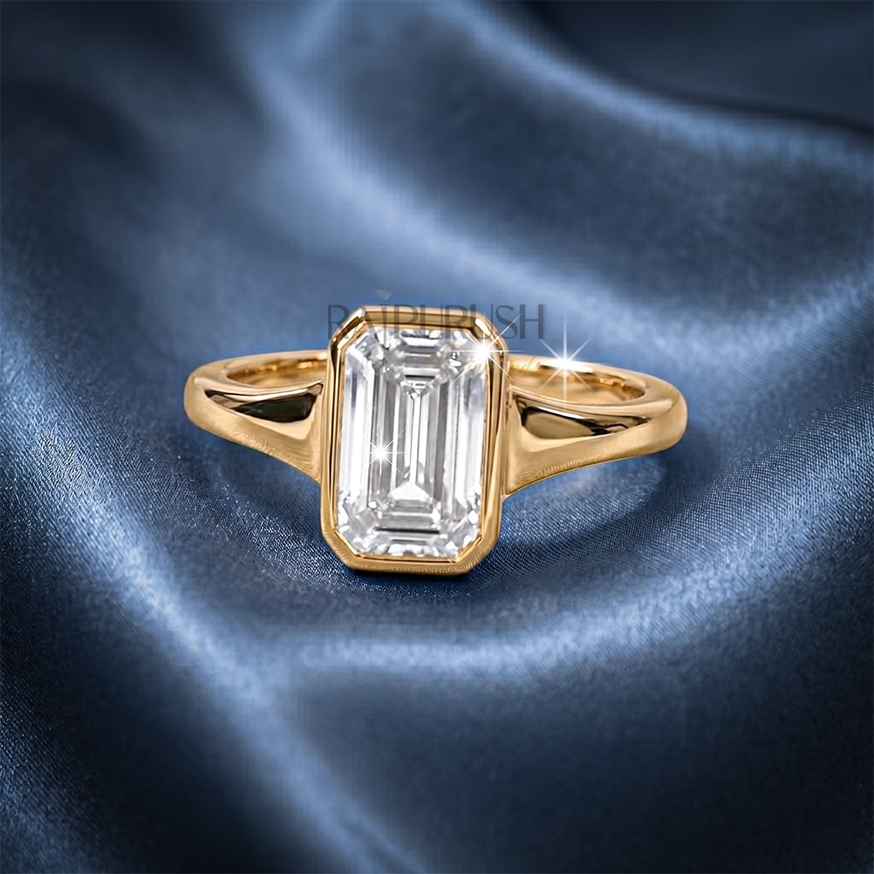 1ct Emerald Cut Moissanite Ring Bezel Set Solitaire 14K Gold Plated 925 Silver