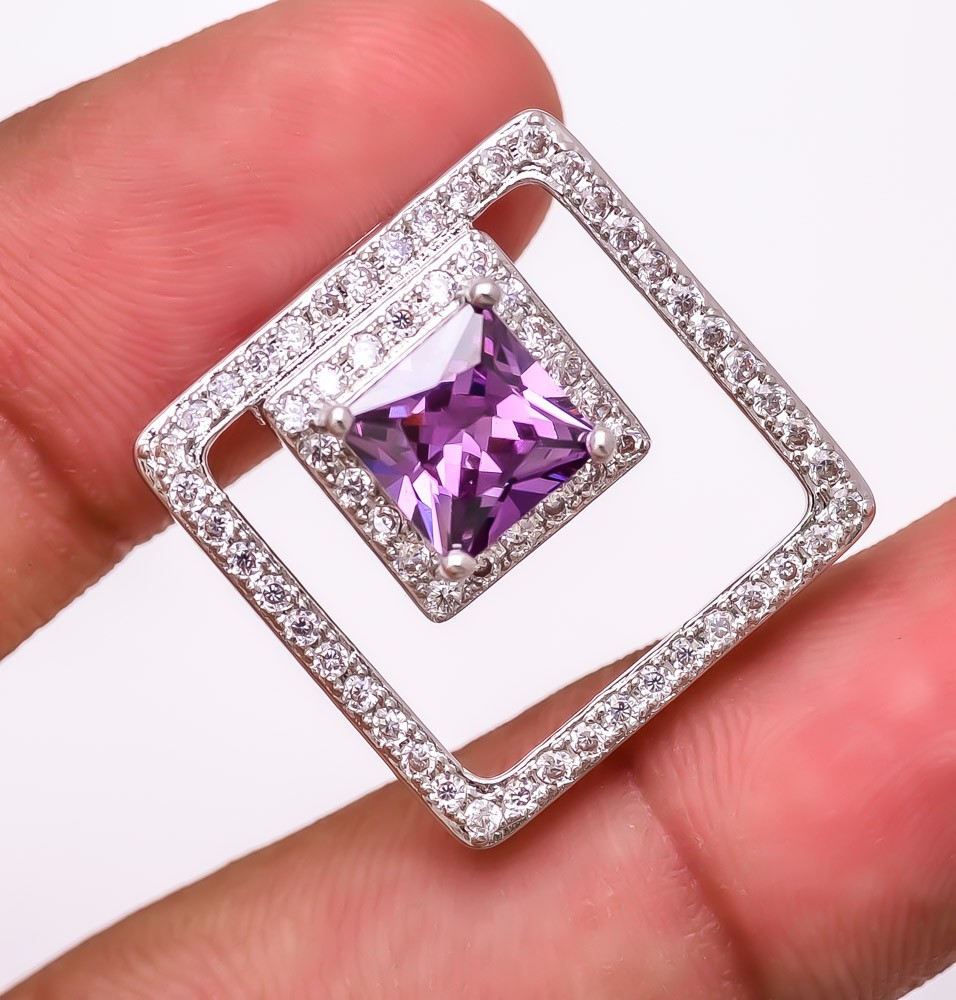 Amethyst White Gold Plated Gemstone Pendant 0.94″ P169