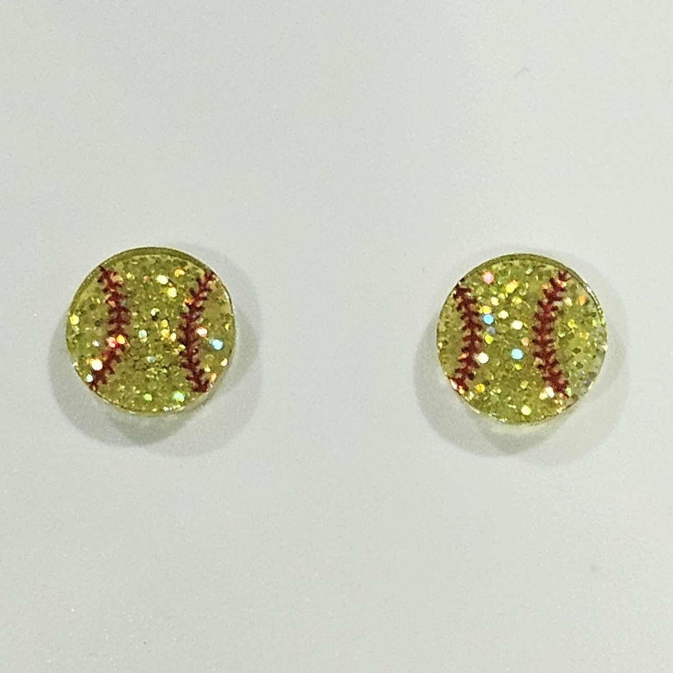 Gold Glitter Softball Baseball Round Stud Earrings Acrylic Sports
