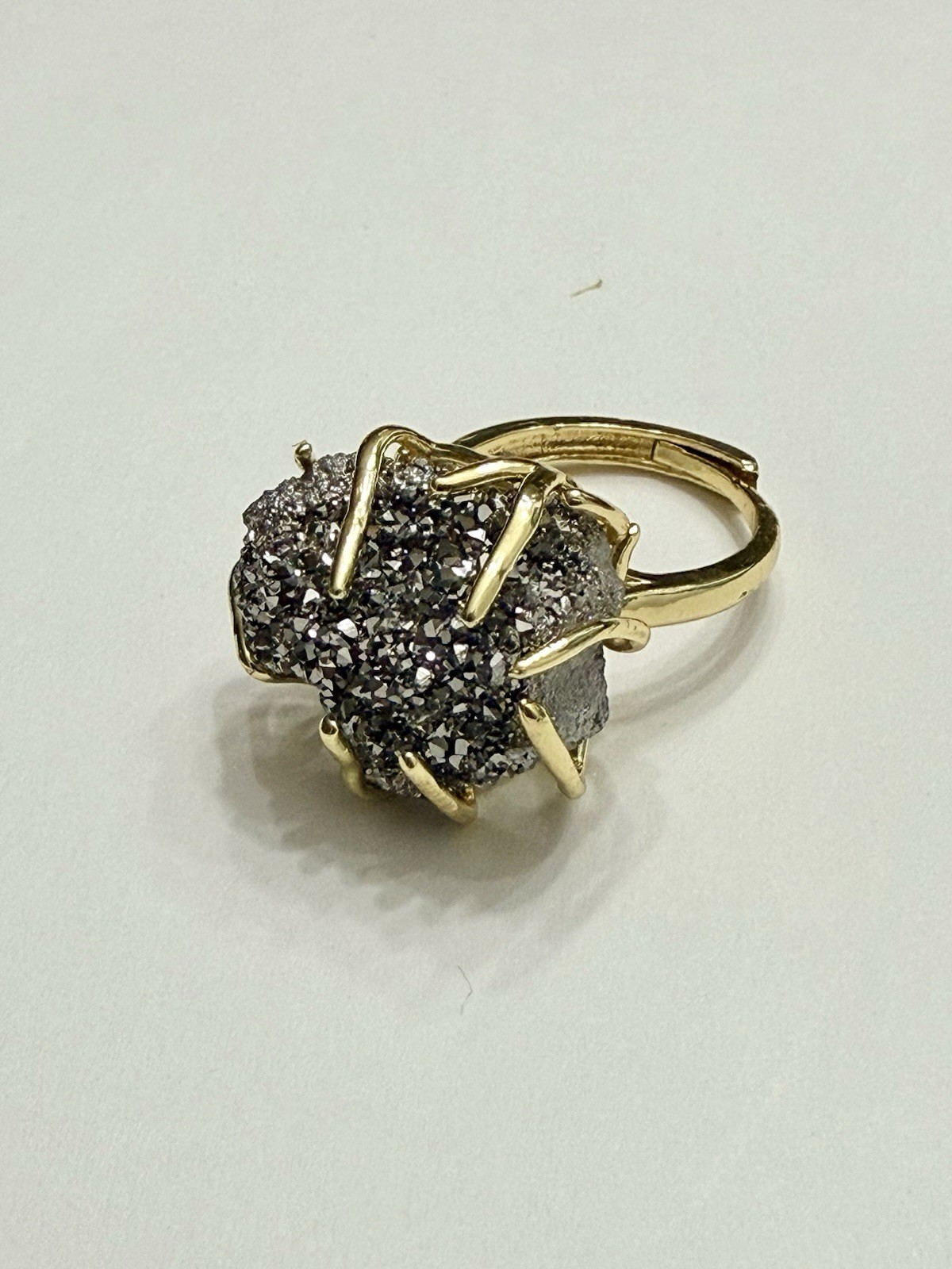 Ring Quartz AdjustableRing Irregular Silver Drusy Raw Quartz