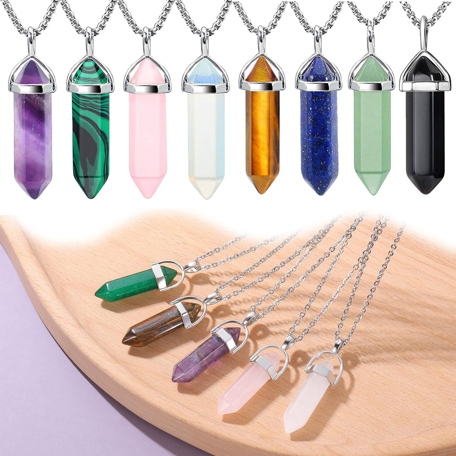 Bullet Shape Gemstone Pendant Hexagonal Chakra Crystal Pointed Pendant Necklace