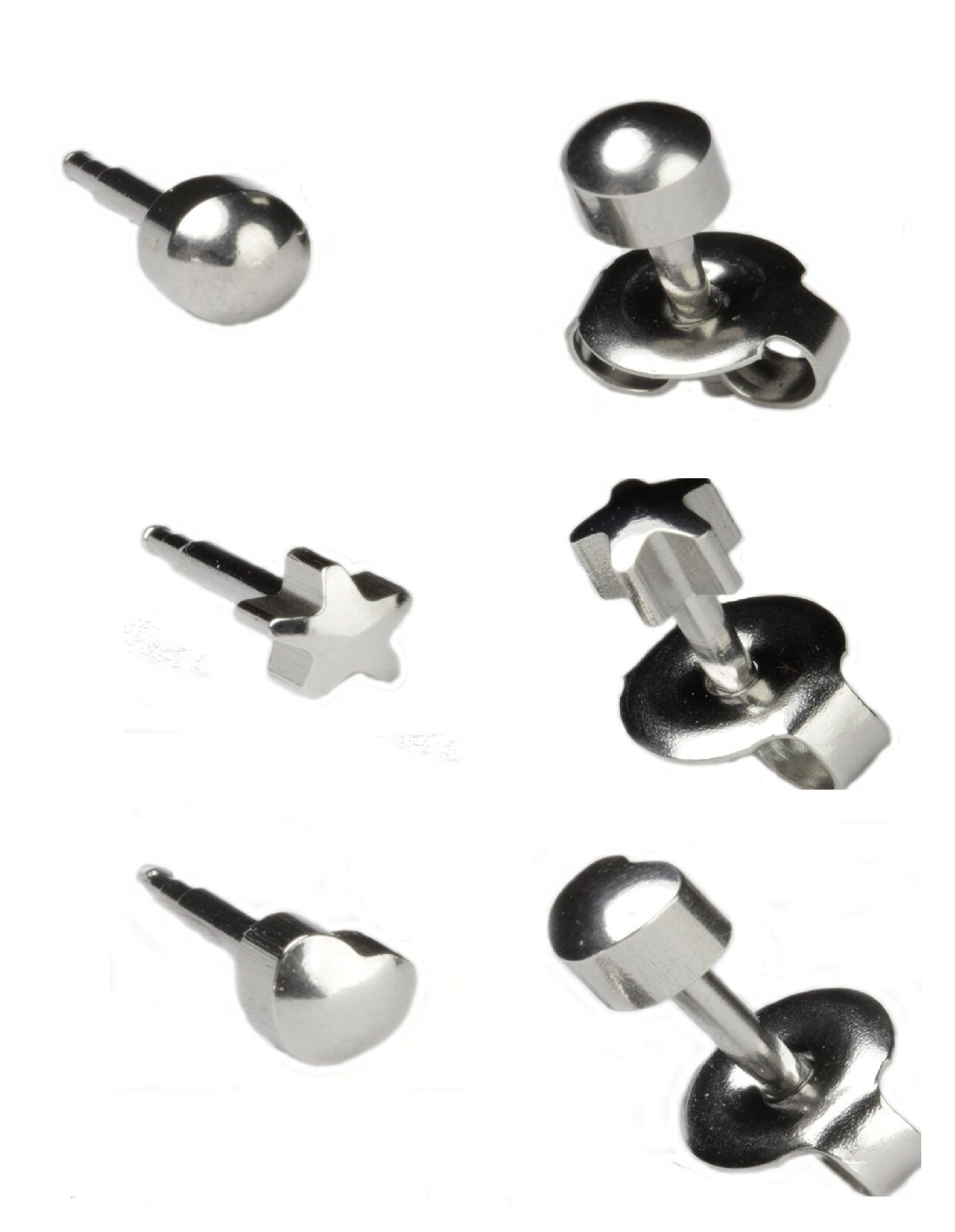 Silver Surgical Steel Small Stud Earrings, Various Shape Standard Ear Piercing