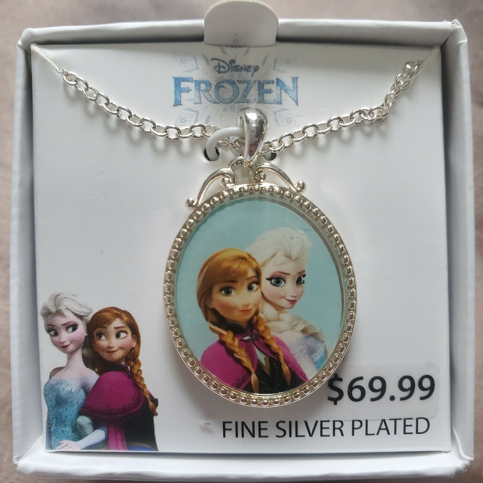 Disney’s Frozen Elsa and Anna Pendant Necklace 18″ Fine Silver Plated