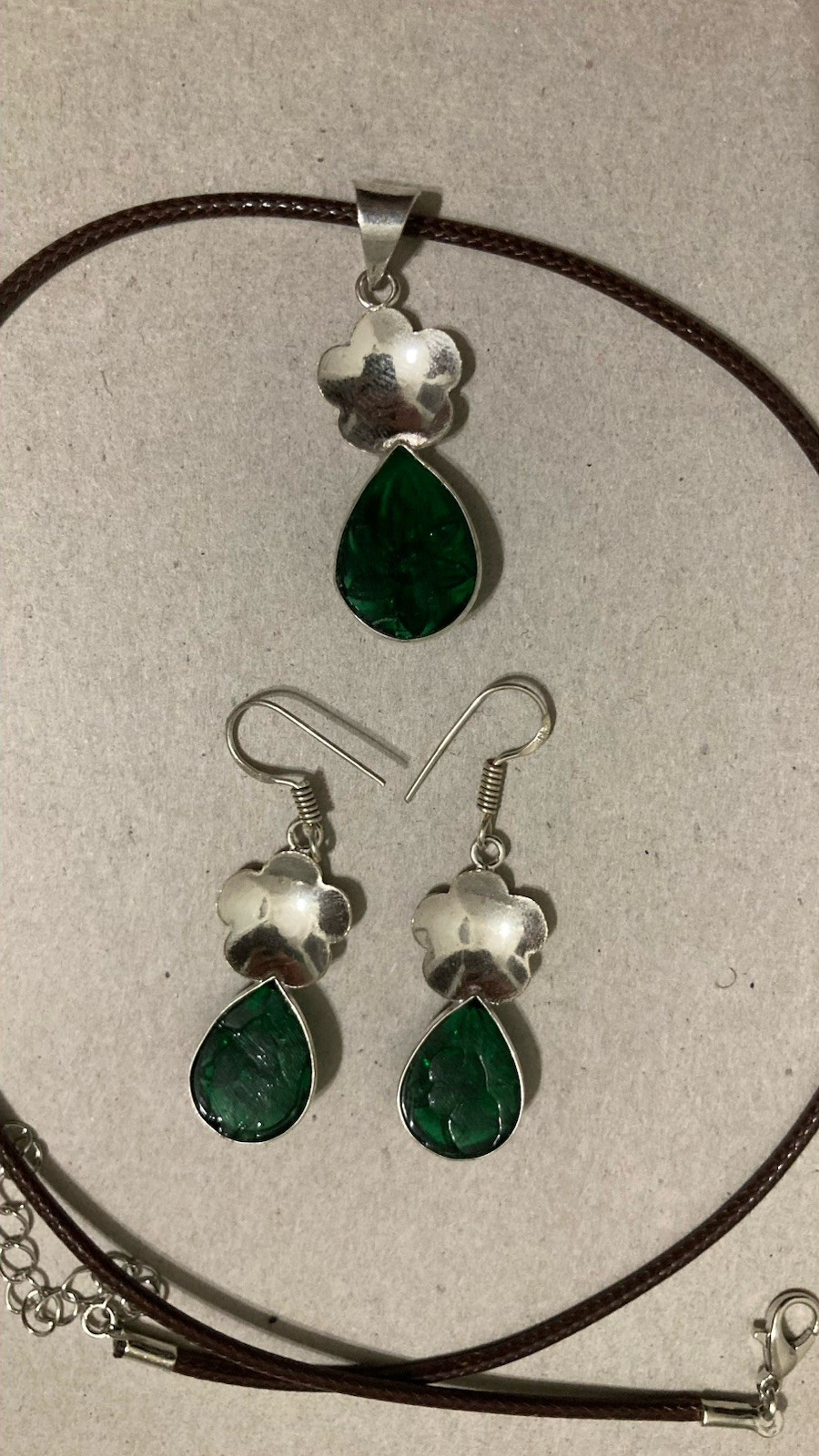Green Chromium Diopside Earrings Necklace Pendant Jewelry Set Flower Teardrop
