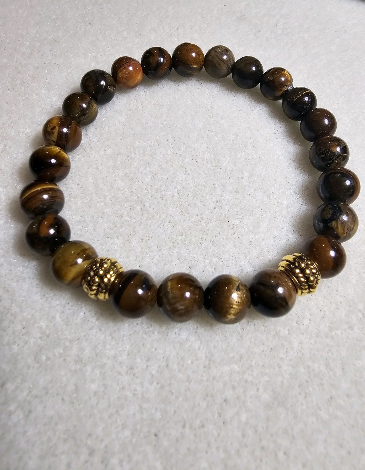 Tiger Eye Gem Stone 8mm Beads Bracelet for Men w/ Gold tone accessory 7.5 in