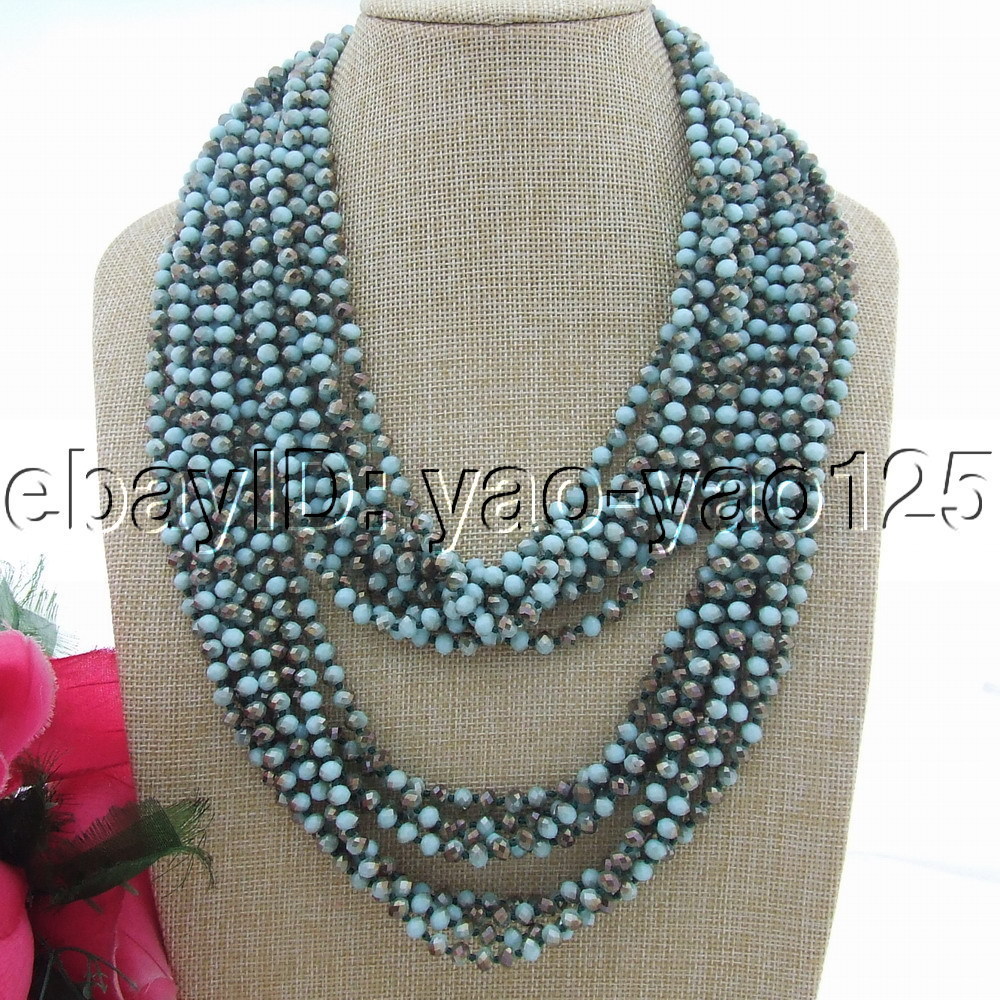 48” 8 Strands Rondelle Faceted Blue Brown Crystal Long Necklace