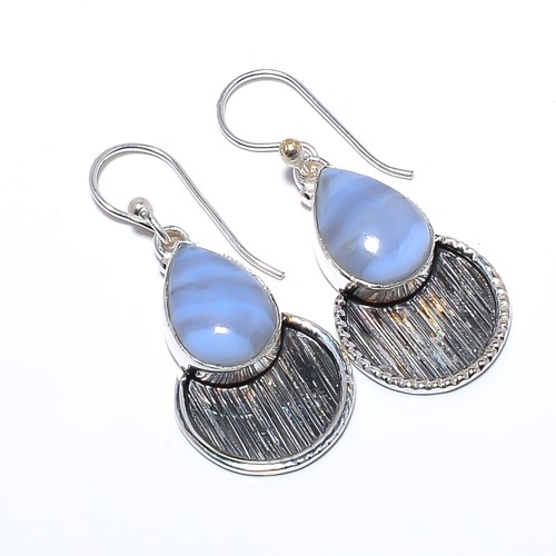 Namibian Blue Lace Agate 925 Silver Plated Israeli Earring 1.56″ S1967