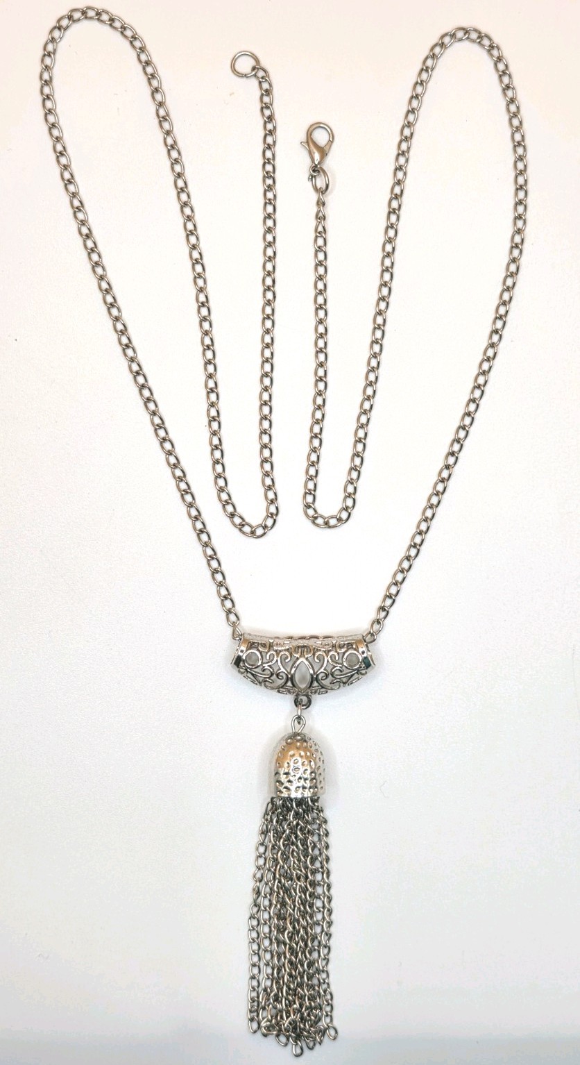 27-inch Silver Tone Estate Chain With Open Work Bar And Chain Tassel