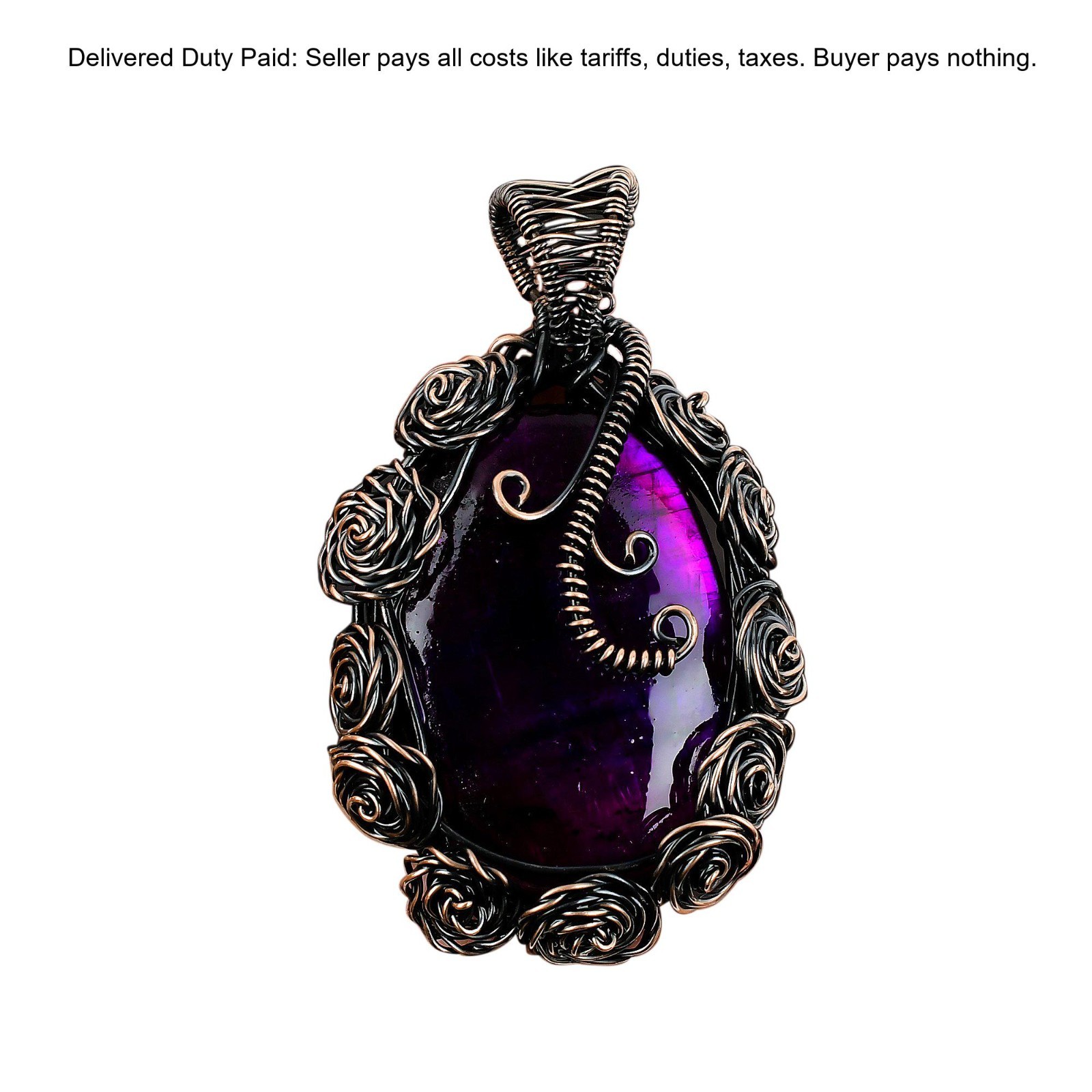 Pink Fire Labradorite Gemstone Flower And Wire Wrapped Pendant Jewelry Copper