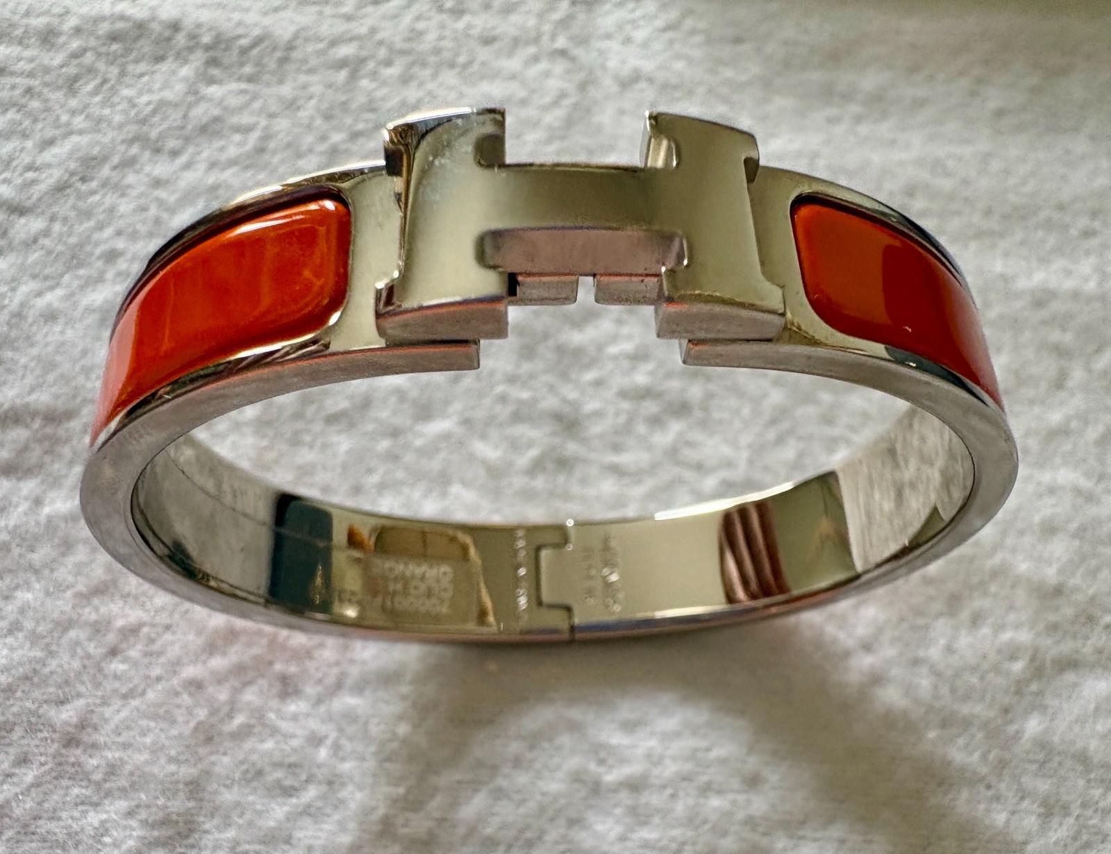Authentic HERMÈS Clic H Narrow Bracelet Iconic Orange Palladium Silver PM w Box