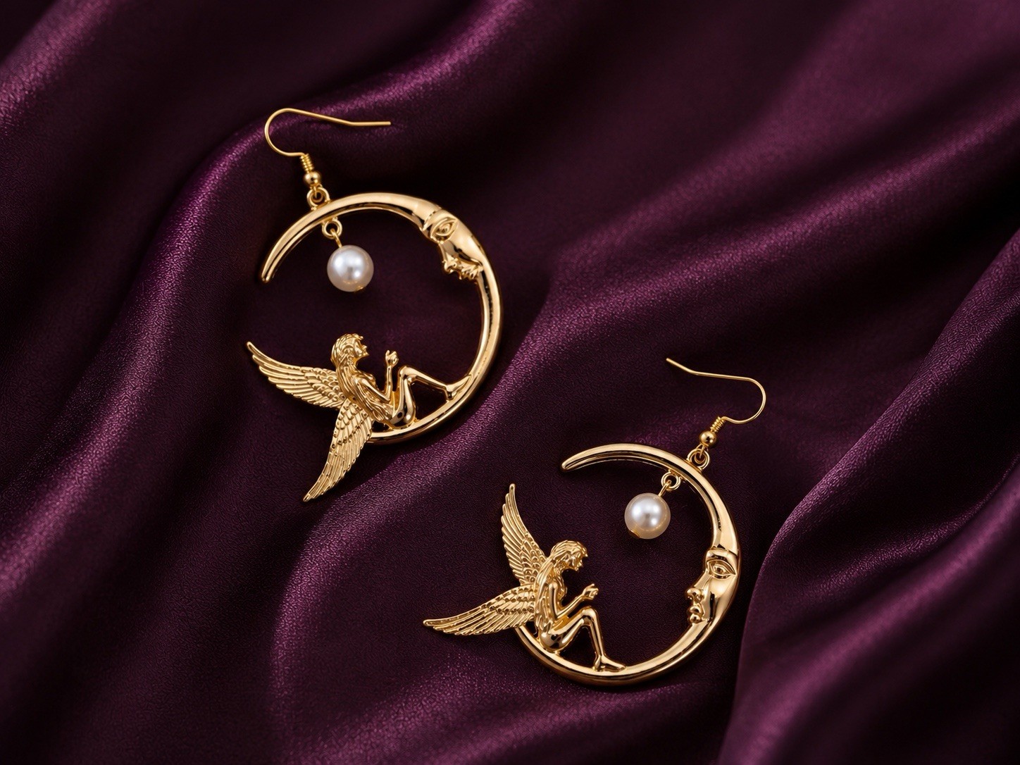 Angel Moon Pearl Hoop Cherub Earrings Mismatch Wing Gold Fairy Boho Celestial