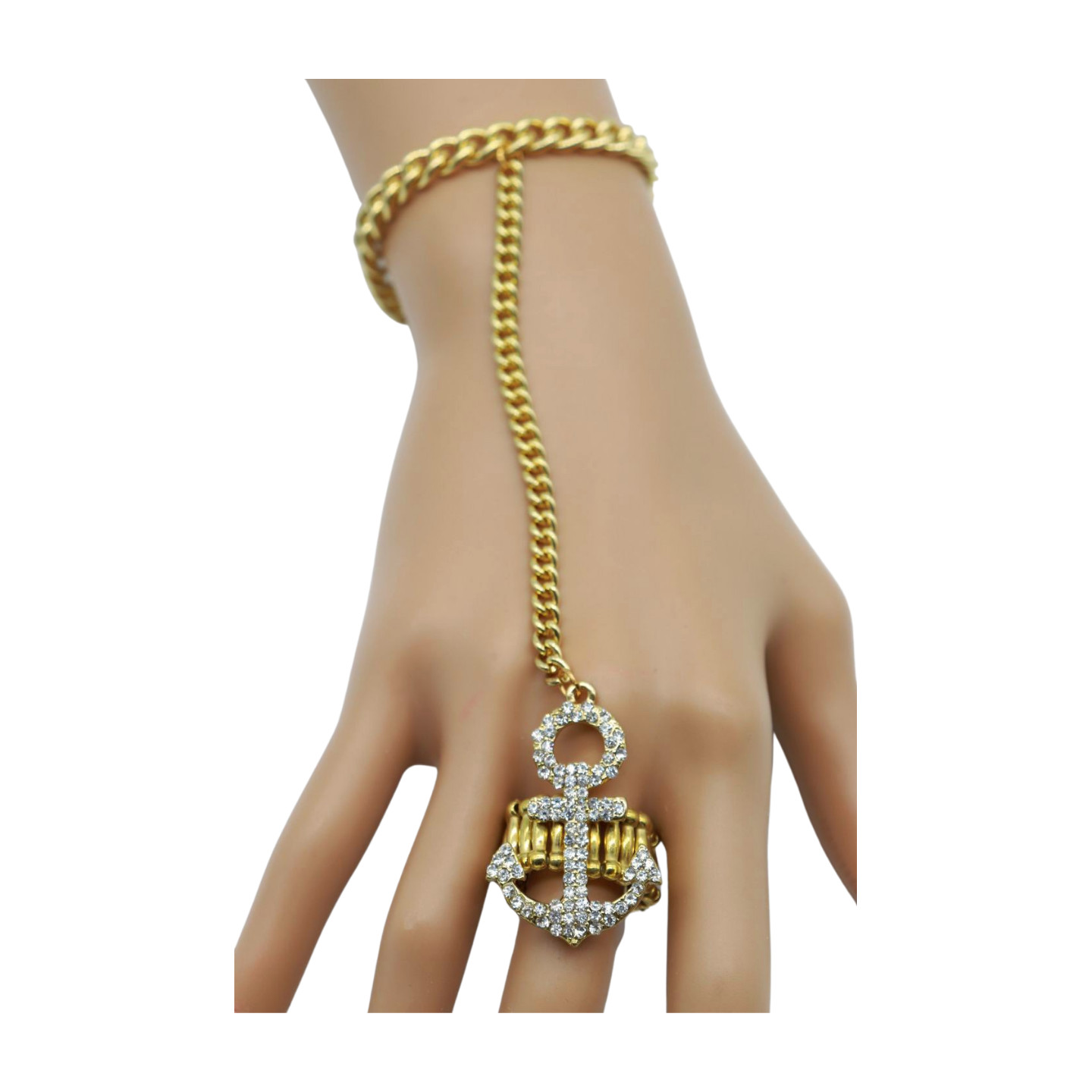 Hot Women Gold Metal Hand Chain Bracelet Connected Anchor Ring One Size Fits All