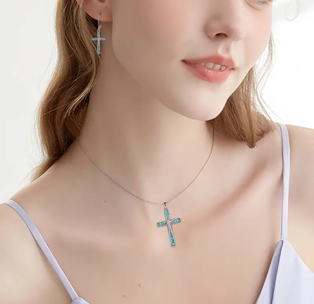 Silver Plated Turquoise Cross Pendant Necklace – Cable Chain, Blue Stone, 17.7in