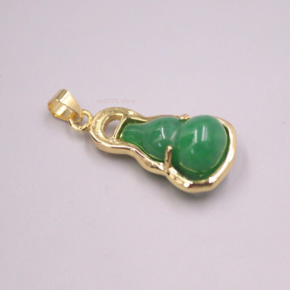 Gold Plated Simulated Heating Jade Small Gourd Green Jadeite Pendant 1.1inchL