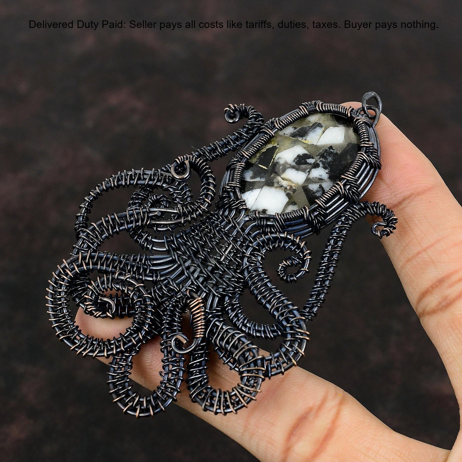 Copper Black And White Turquoise Gemstone Wire Wrap Wife Pendant Jewelry Copper