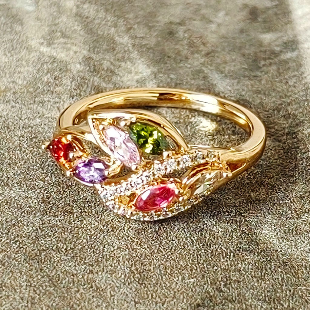 Women 18K Gold Plated Cubic Zirconia MultiColor Red Leaf shaped Jewelry Ring